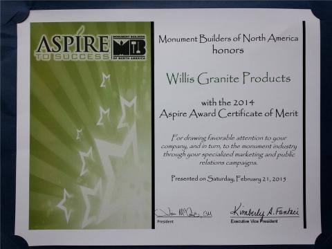 Monument Builders of North America Aspire Award for Willis Granite